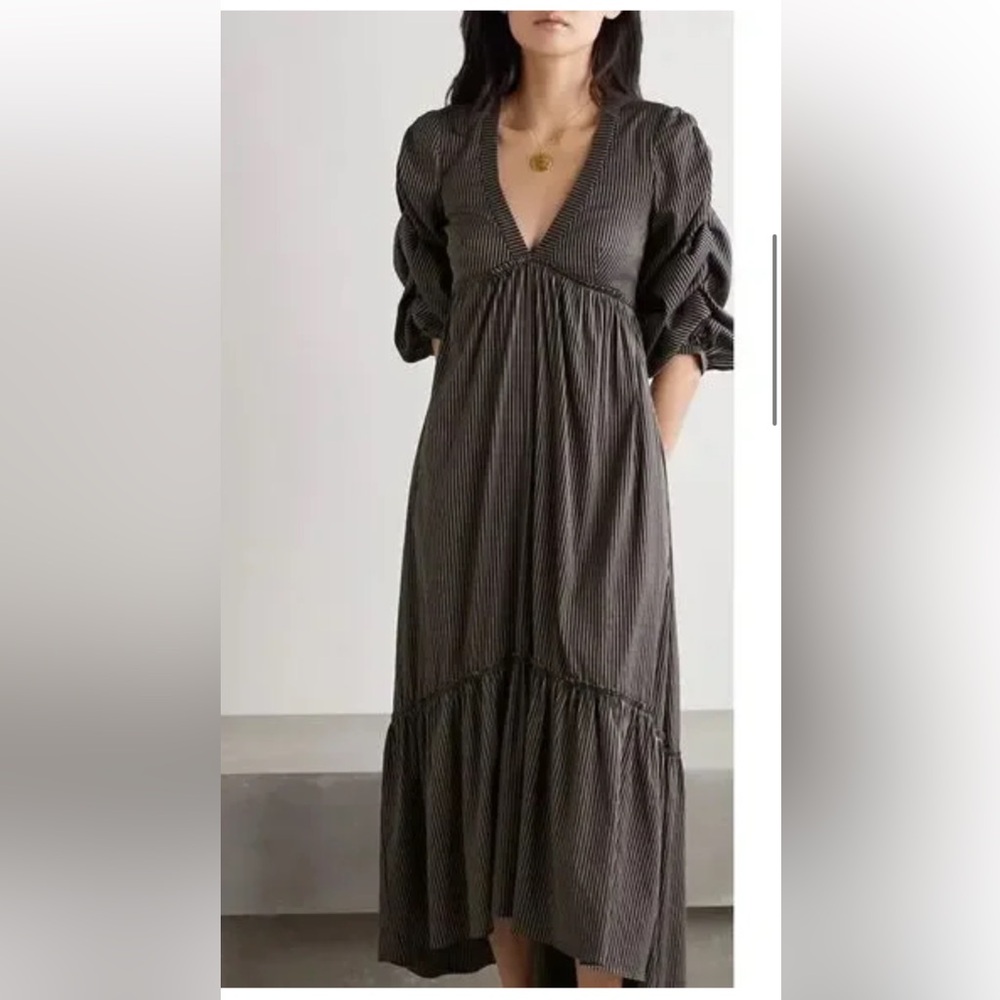La Ligne Gitane Ruched Pinstripe Cotton Blend Midi Dress